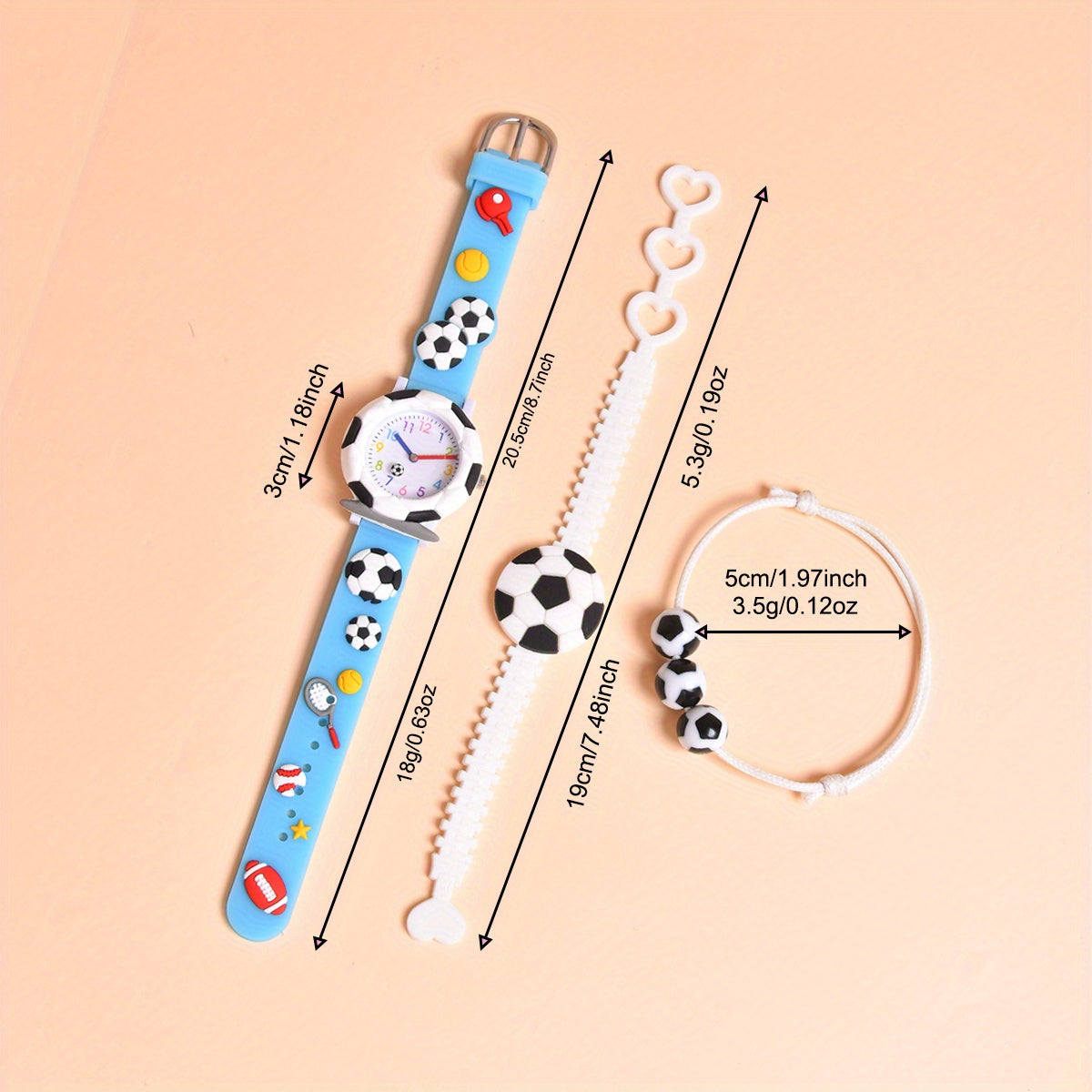 3pc Set 3D Cartoon Football Silicone Strap Boys' Quartz Watch