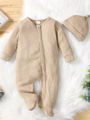 2pcs Baby Unisex Zipper Romper & Hat Set
