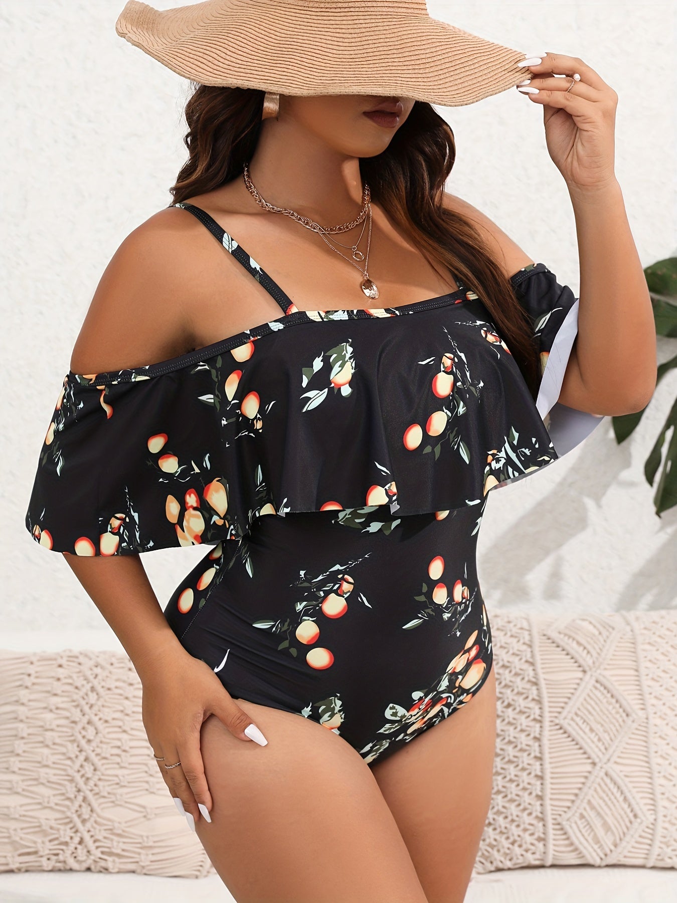 Ruffle Trim Fruit Print One Piece Swimsuit
