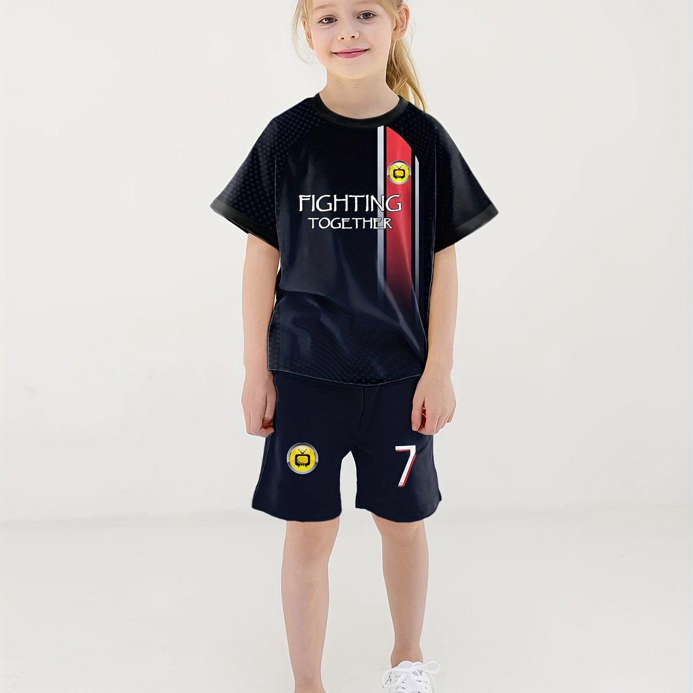 Girls Basketball 2pcs Tee & Shorts Set Breathable Sports Outfit