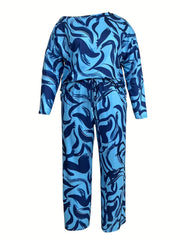 Graphic Print Long Sleeve Top & Drawstring Pants Set