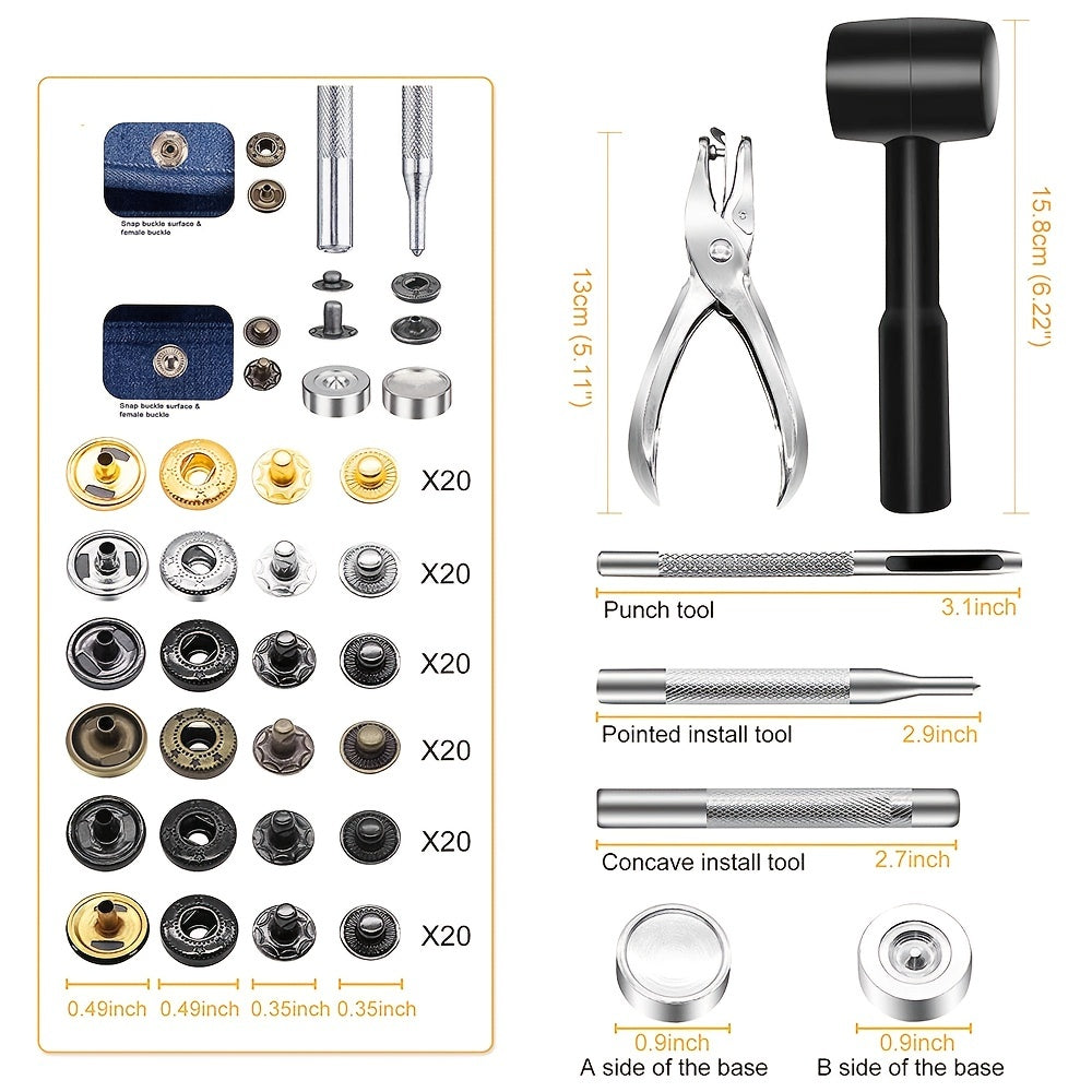 120pcs Leather Snap Fasteners Kit Metal Button Snaps Press Studs Set