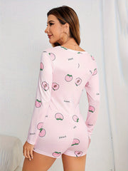 Peach Print Pajama Romper Long Sleeve V Neck Buttons Pajamas