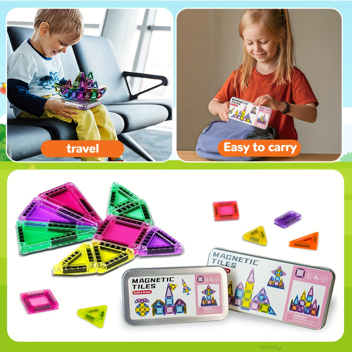 42pcs Mini Magnetic Tiles Toy Set in Iron Box, Portable & Easy to Carry