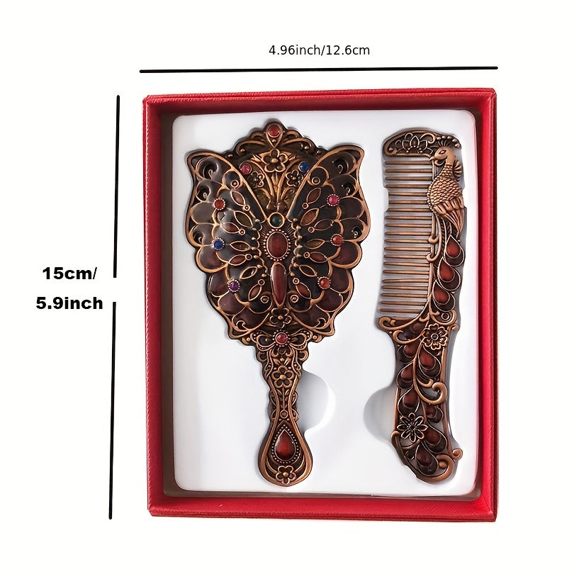 Vintage Hand Mirror with Embossed Butterfly Compact Makeup Beauty Mirror