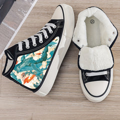 Wave Print Plush Lined Thermal Chunky Canvas Sneakers - High Top