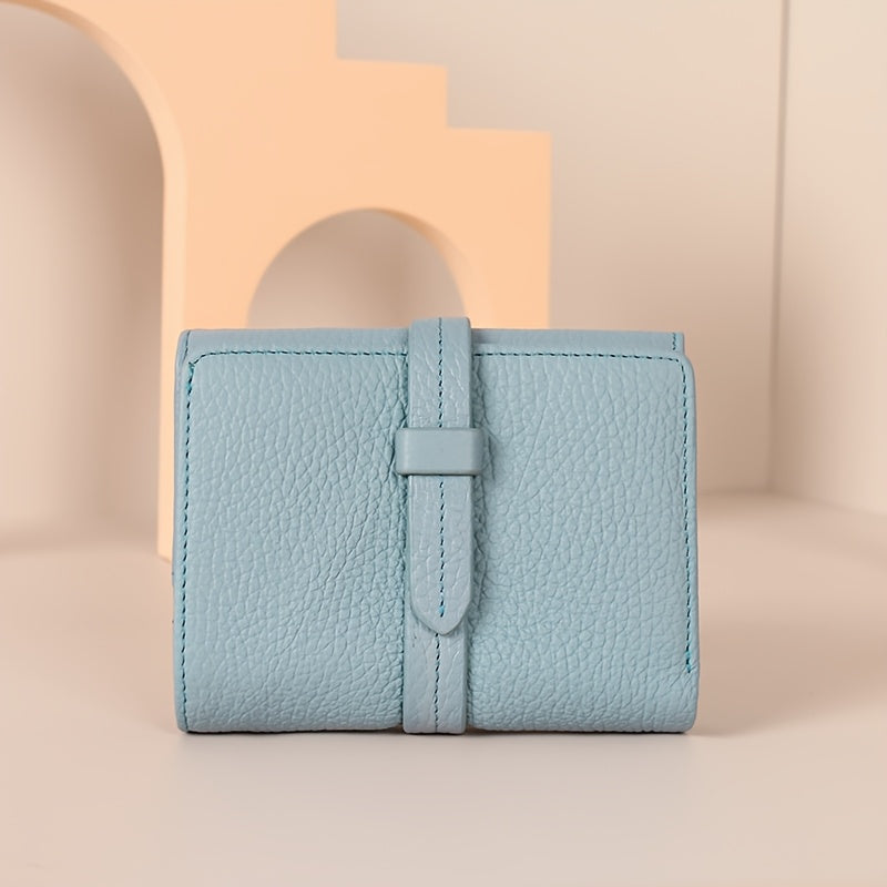 Women's Leather Bifold Wallet with Snap Closure Coin Pocket - Beige