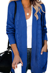 Solid Cable Long Sleeve Open Front Cardigan With Pockets
