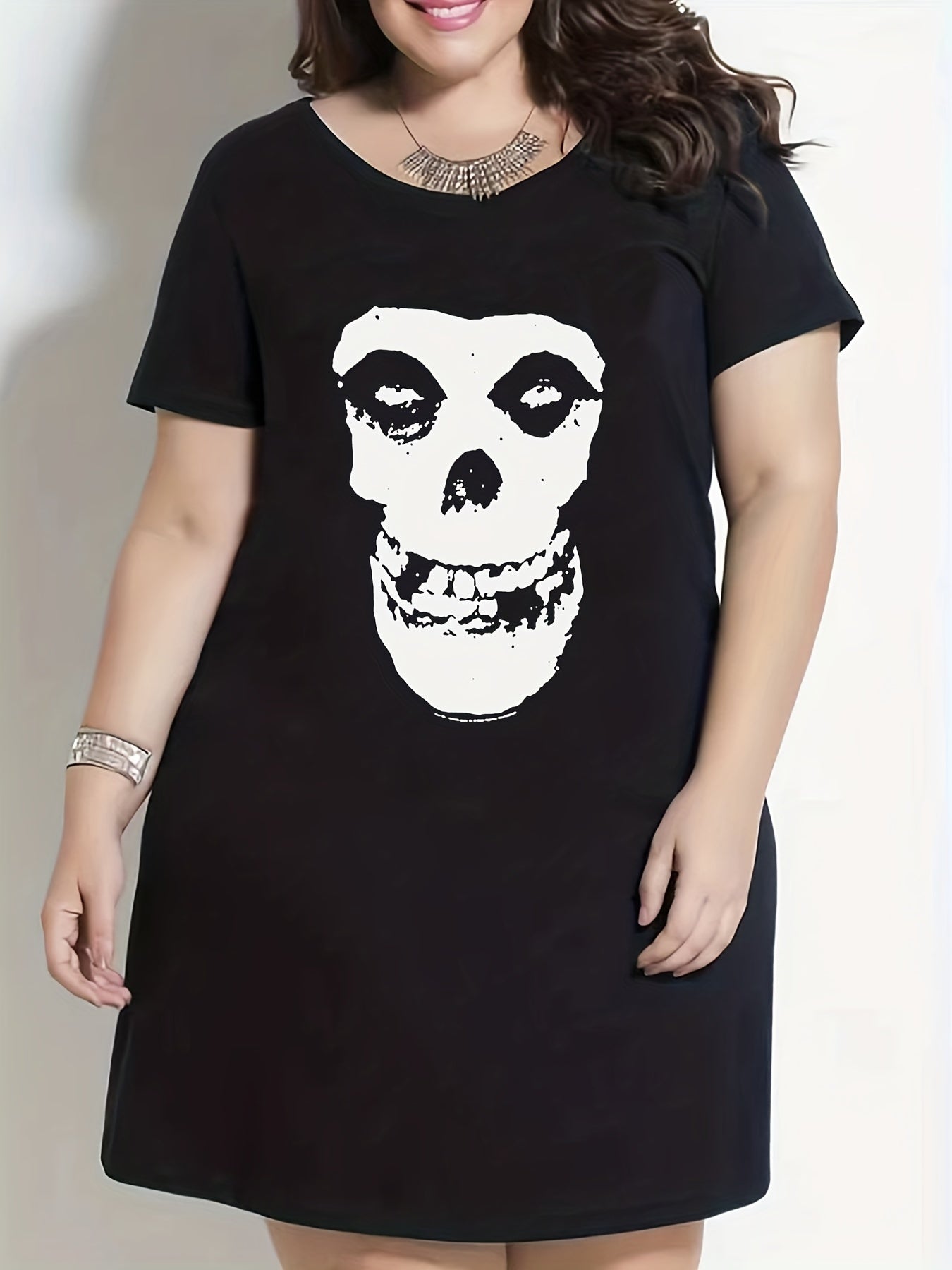 Skull Print Short Sleeve Round Neck Tee Sleep Dress