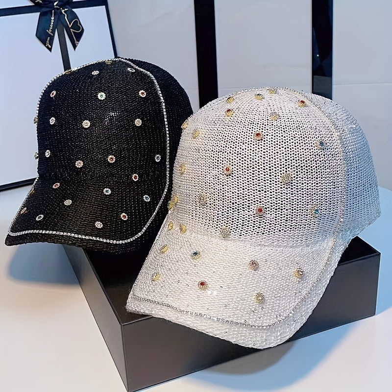 Rhinestone Decor Knitted Baseball Cap Sun Hat for Women