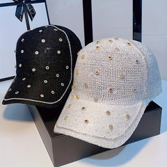 Rhinestone Decor Knitted Baseball Cap Sun Hat for Women