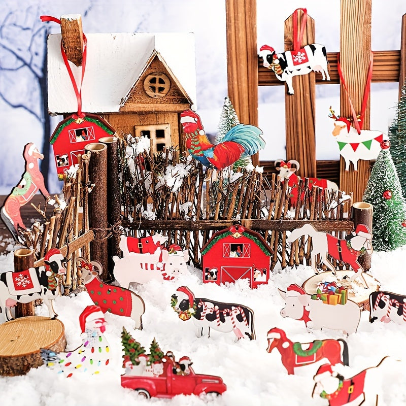 24pc Wooden Farm Animal Christmas Ornaments Cow Pig Rustic Decor Xmas Trees