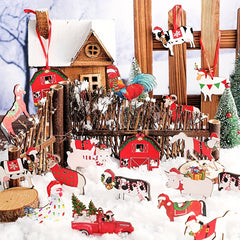 24pc Wooden Farm Animal Christmas Ornaments Cow Pig Rustic Decor Xmas Trees