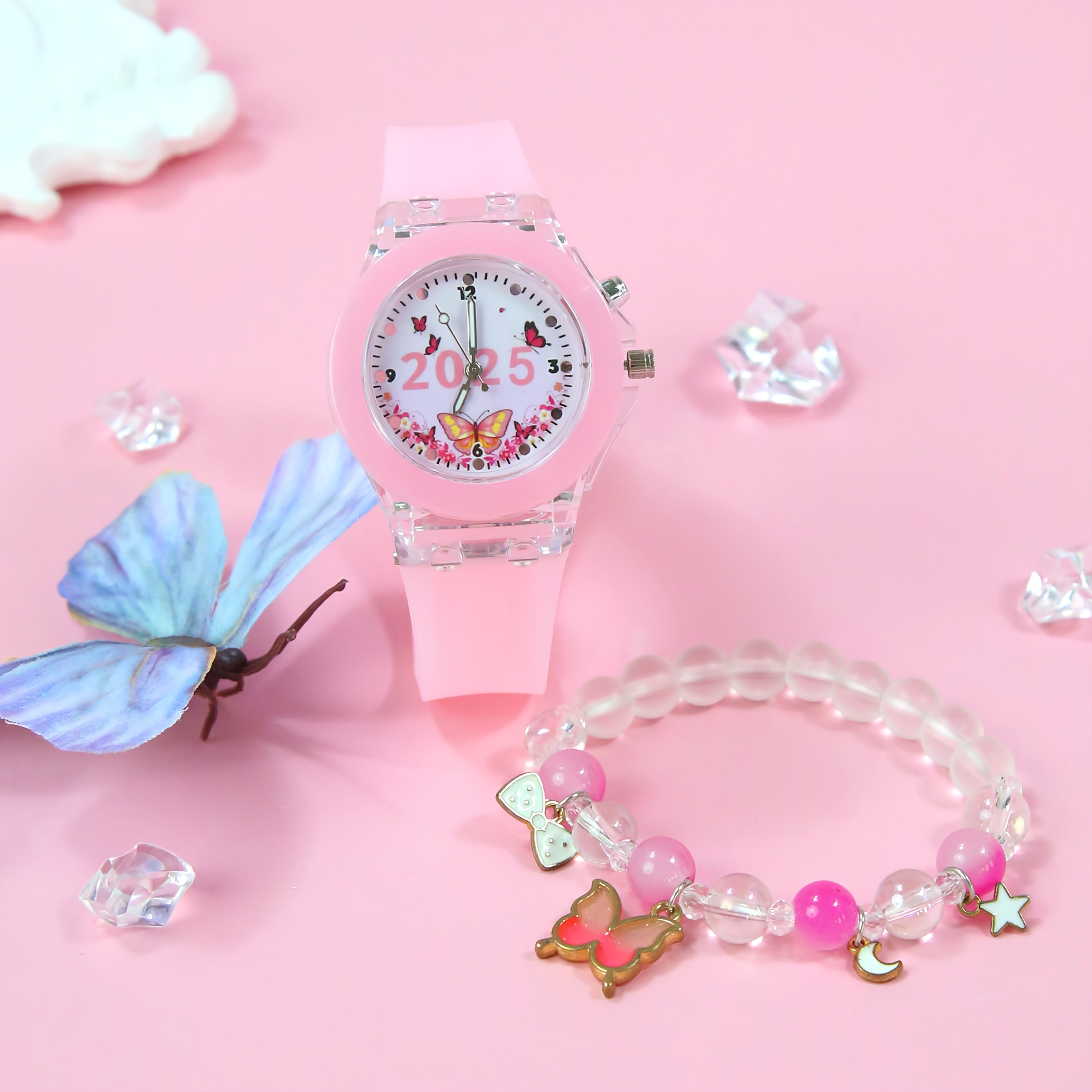 Girls' Quartz Watch & Bracelet Set LED Glow in Dark Butterfly Beads