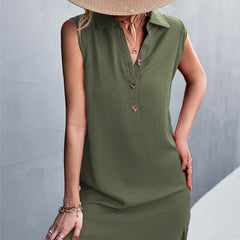 V Neck Button Sleeveless Casual Dresses Women's Clothing