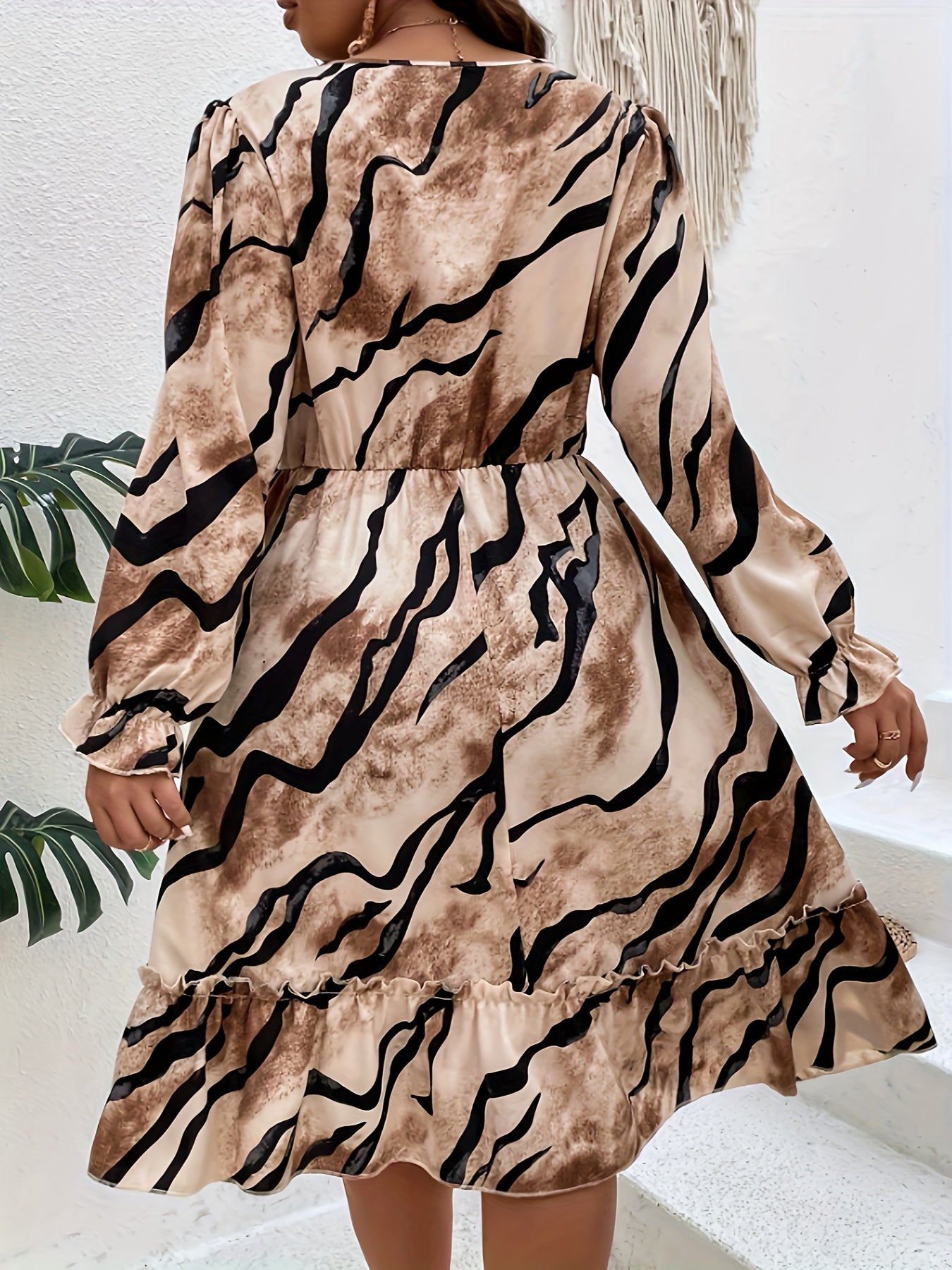 Stripe Print Lantern Sleeve Ruffle Trim Dress