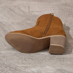 Women's Embroidery Ankle Boots Chunky Heeled Cowboy Slip On Short Boots