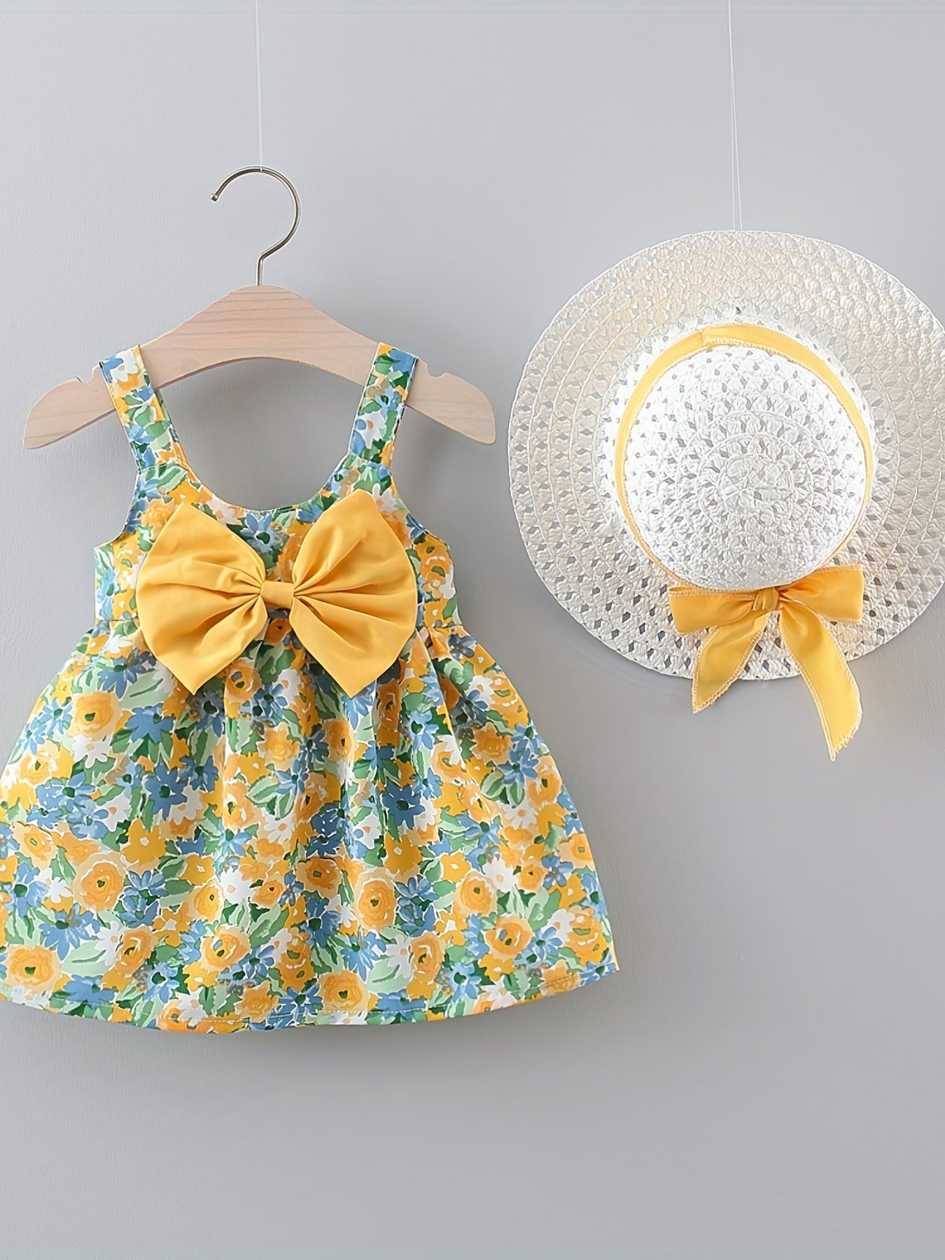 Sweet & Baby Girl's Flower Print Puffy Cami Dress With Bow & Hat
