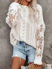 Solid Crew Neck Lace Pullover Sweater for Women