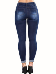 Navy Ripped Skinny Jeans High Stretch Denim Pants Women's Clothing
