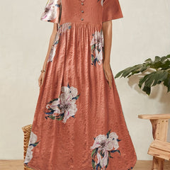 Floral Print V-Neck Dress Button Detail Short Sleeve Plus Size