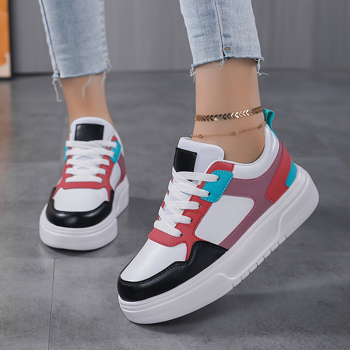 Women's Lace Up Chunky Sneakers Lightweight Non slip Skate Shoes