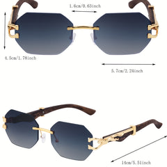 Vintage Wood Grain Square Rimless Sunglasses Leopard Temples
