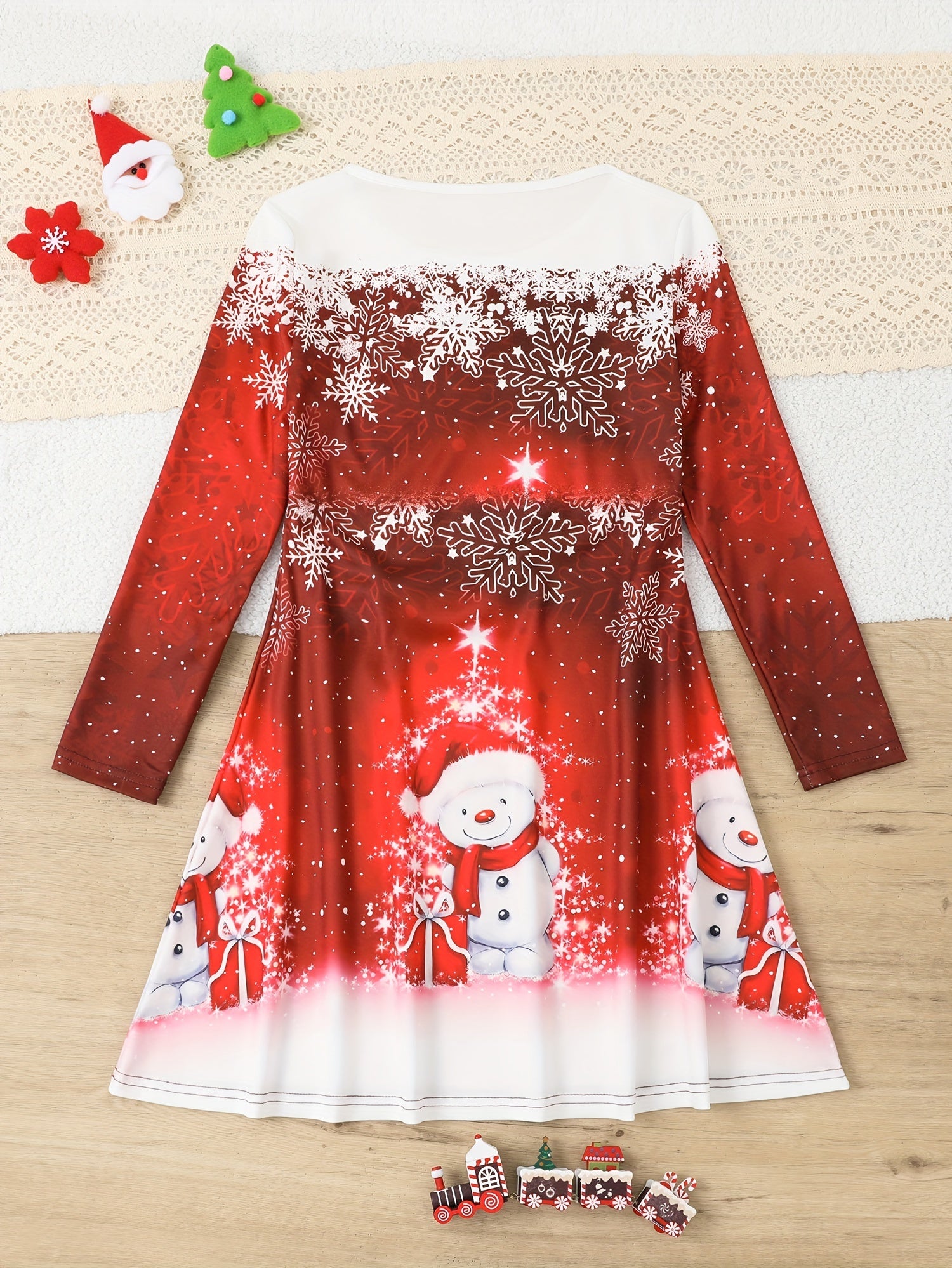 Snowman Graphic Long Sleeve Dress Girls Spring Fall Christmas Gift Party