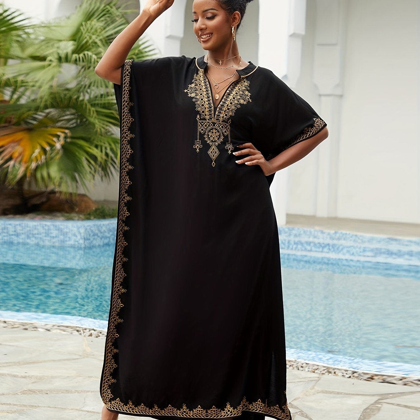 Boho Kaftan Dress Women's Plus Golden Embroidered Bat Sleeve