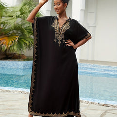 Boho Kaftan Dress Women's Plus Golden Embroidered Bat Sleeve