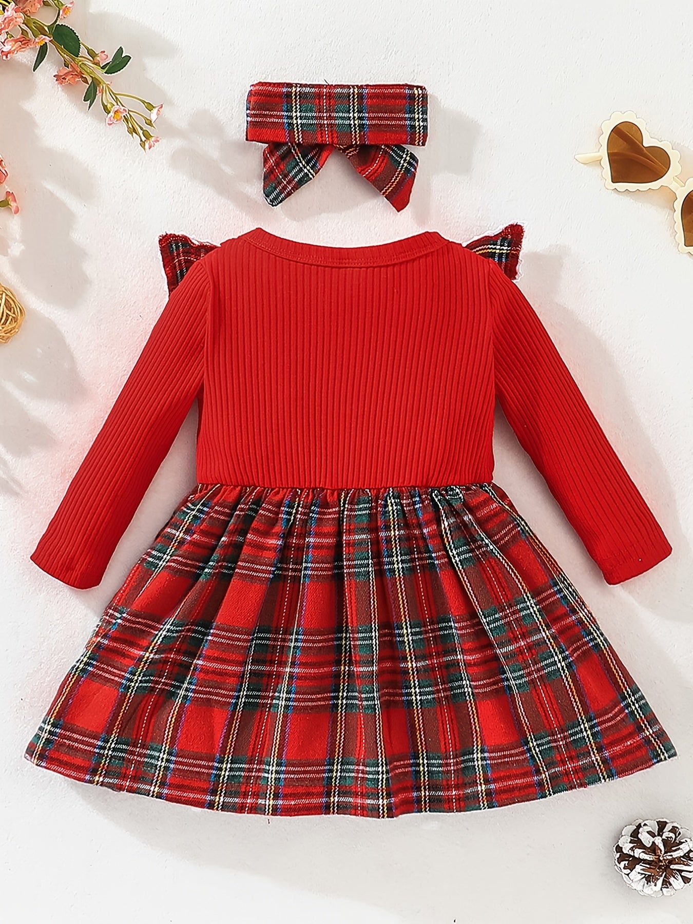 Christmas Baby Girl Plaid Ruffle Long Sleeve Dress With Bowknot & Headband