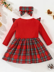 Christmas Baby Girl Plaid Ruffle Long Sleeve Dress With Bowknot & Headband