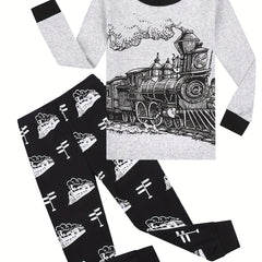 Boys' Train Print Pajama Set Cotton Long Sleeve Top & Pants