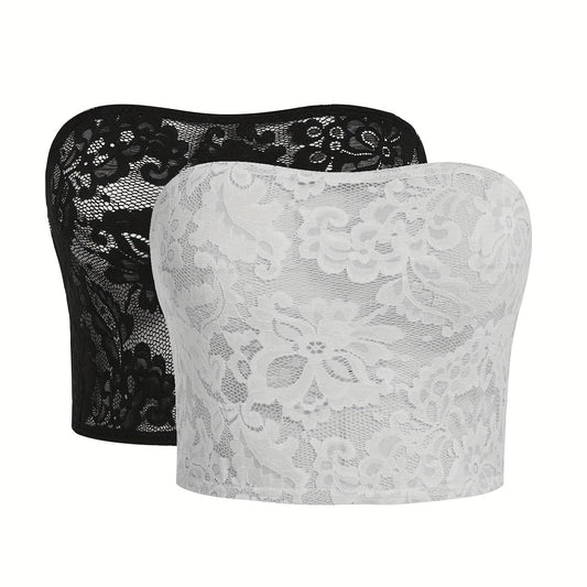 Solid Floral Jacquard Lace Tube Top