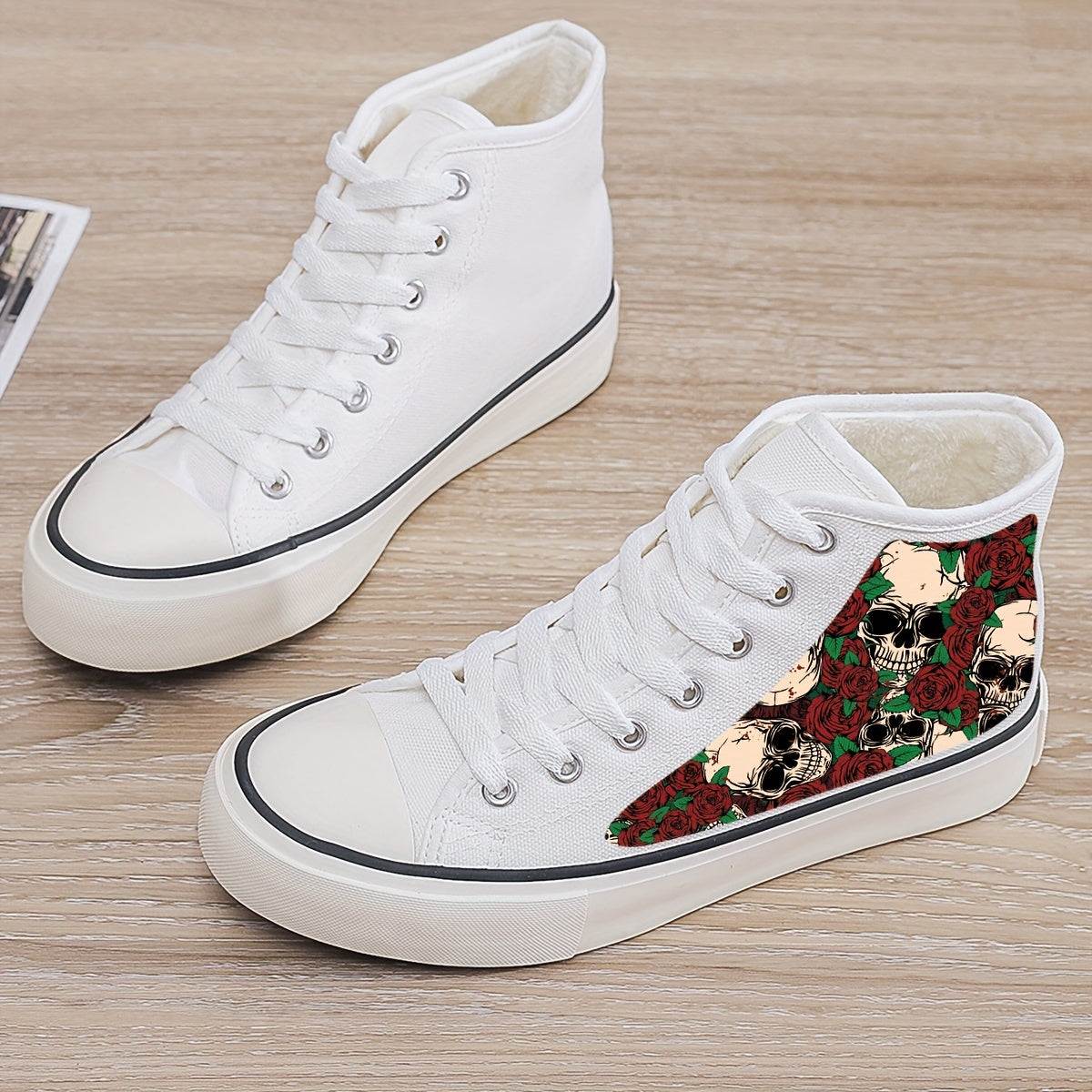 Skull & Rose Print Plush Lined Thermal Chunky Canvas Sneakers