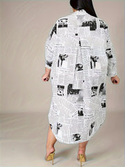 Newspaper Pattern Long Sleeve Casual Dress Shirt Dress