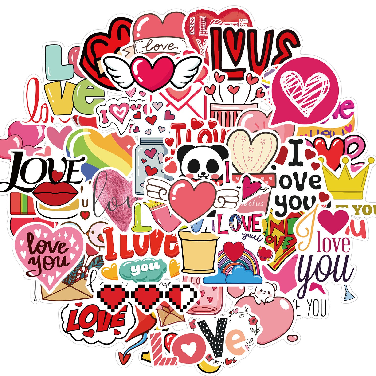 50pcs Love Stickers Hearts I Love You for Laptops Bottles Phones Cars