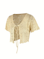Tie Front Knit Cardigan Solid Short Sleeve Sweater
