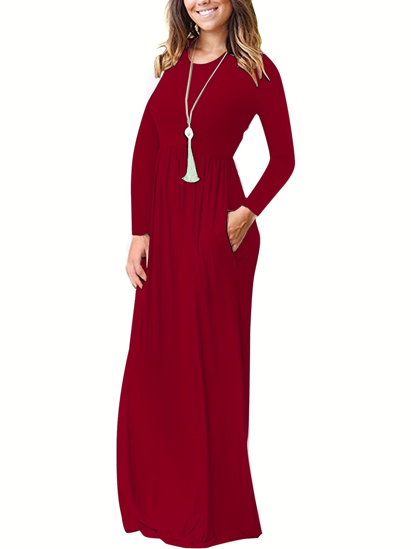 Solid Long Sleeve Maxi Dress With Pockets
