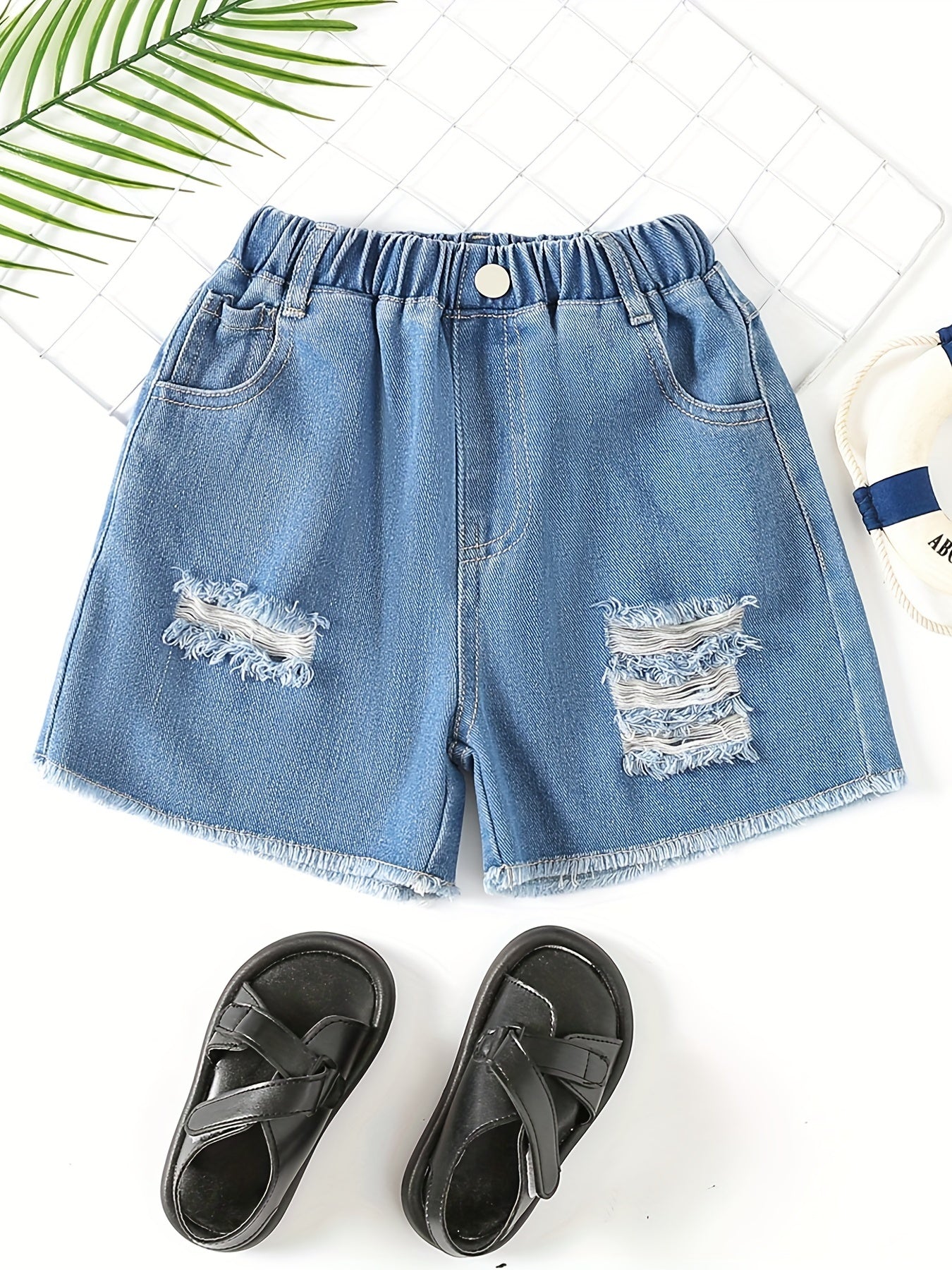 Girls' Ripped Denim Shorts Elastic Waist Summer Shorts