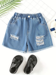 Girls' Ripped Denim Shorts Elastic Waist Summer Shorts