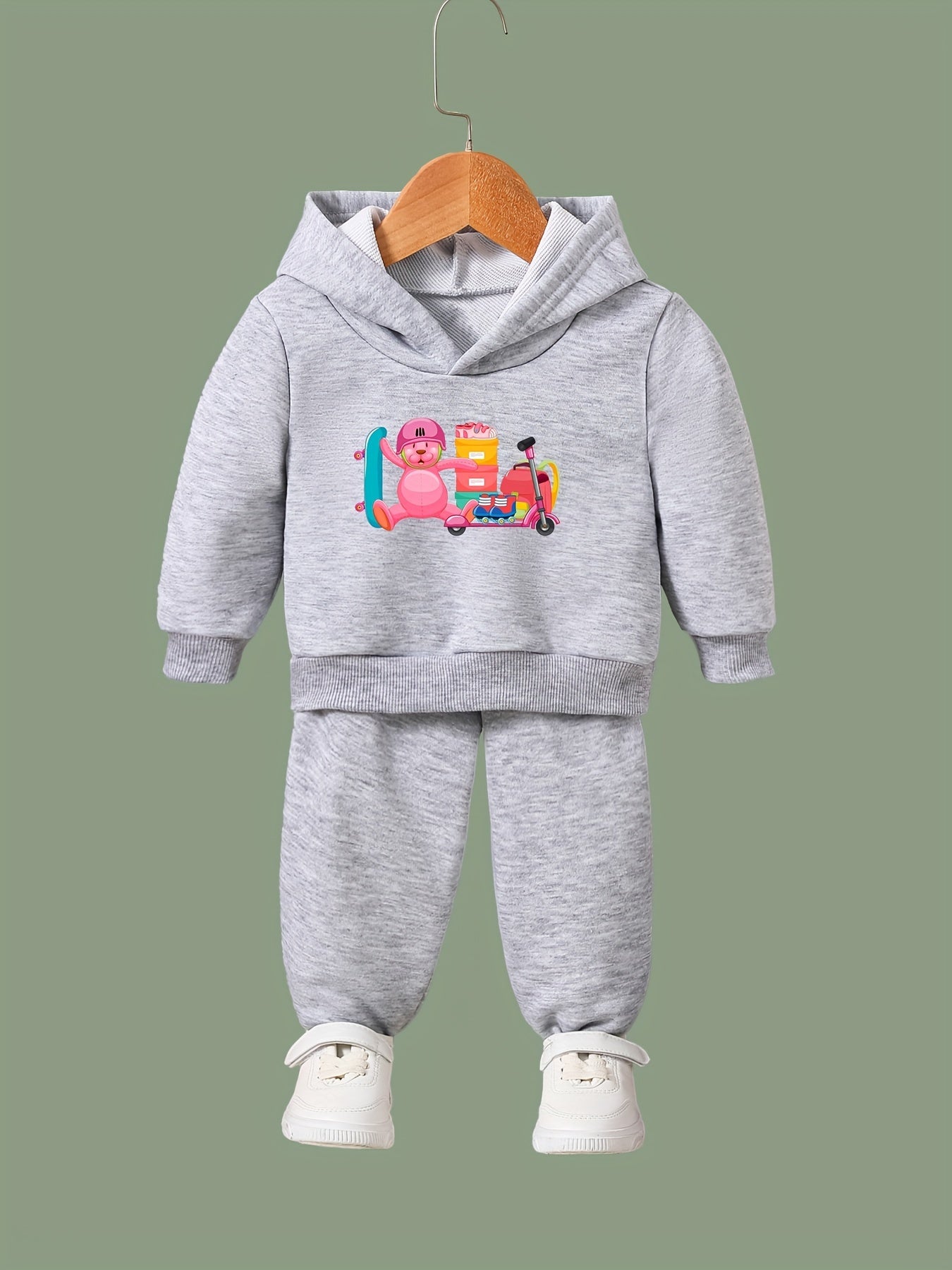 OERYUI Bear Print Hooded Pullover Pants Set for Kids