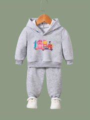 OERYUI Bear Print Hooded Pullover Pants Set for Kids