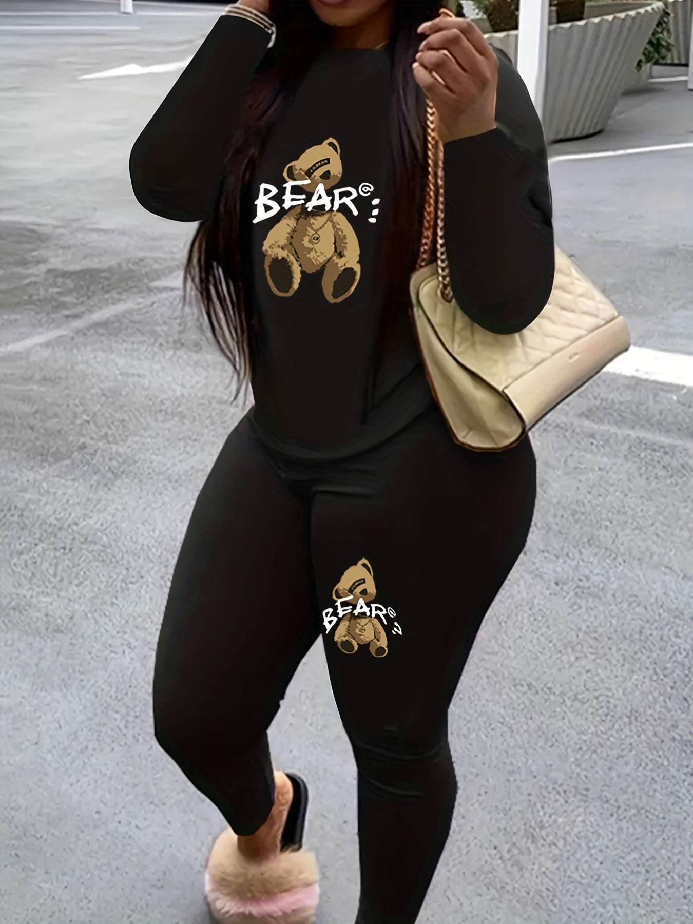 Women's Plus Bear & Letter Print Long Sleeve Top & Leggings Set