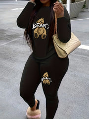Women's Plus Bear & Letter Print Long Sleeve Top & Leggings Set
