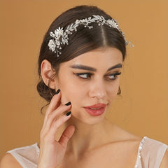 Crystal Faux Pearl Headband Tiara Silvery Flower Rhinestone Hairband