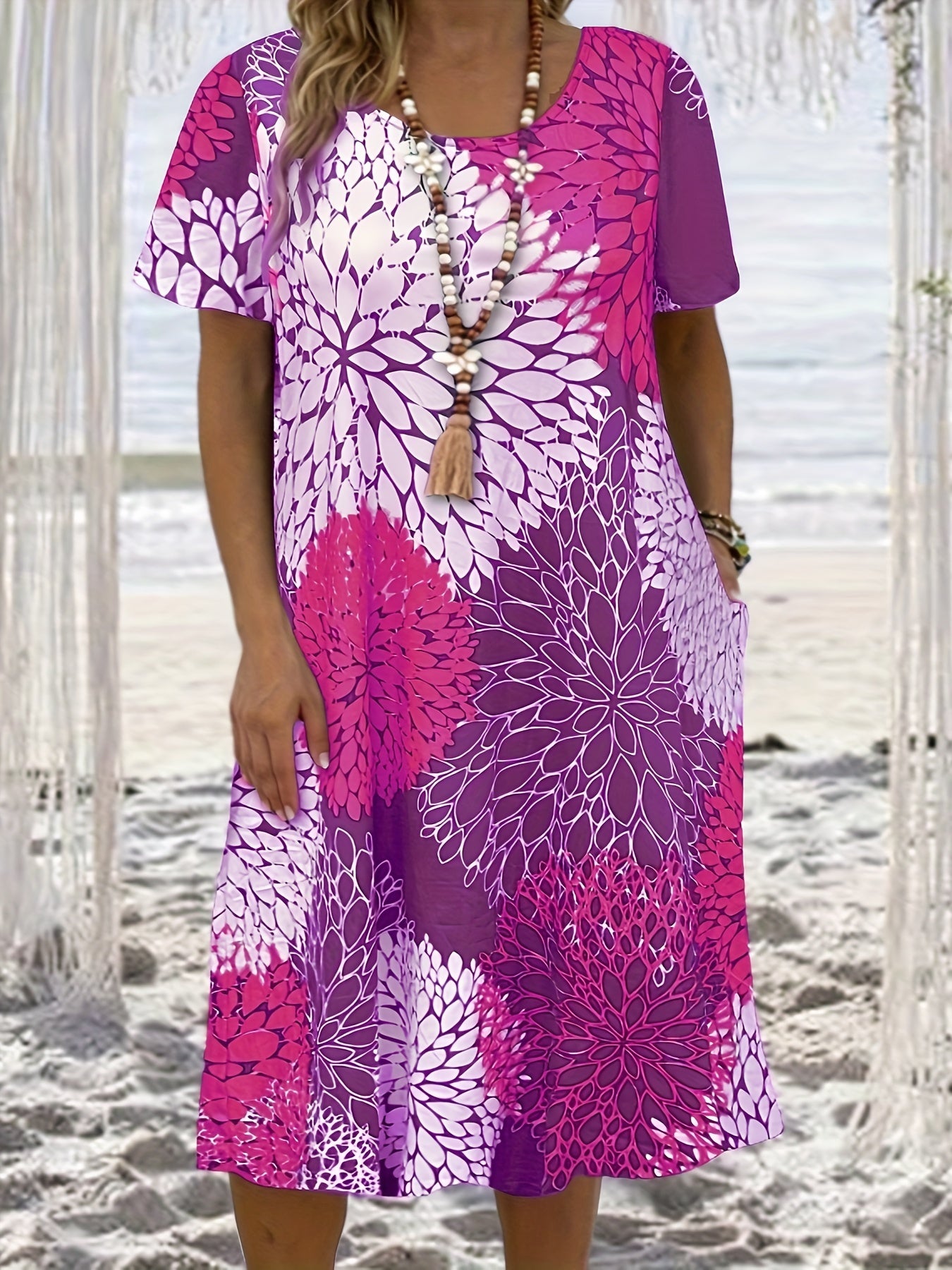 Women's Plus Floral Print Casual Dress with Pockets