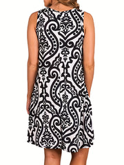 Damask Print Sleeveless Dress Summer Beach Vacation Casual Print