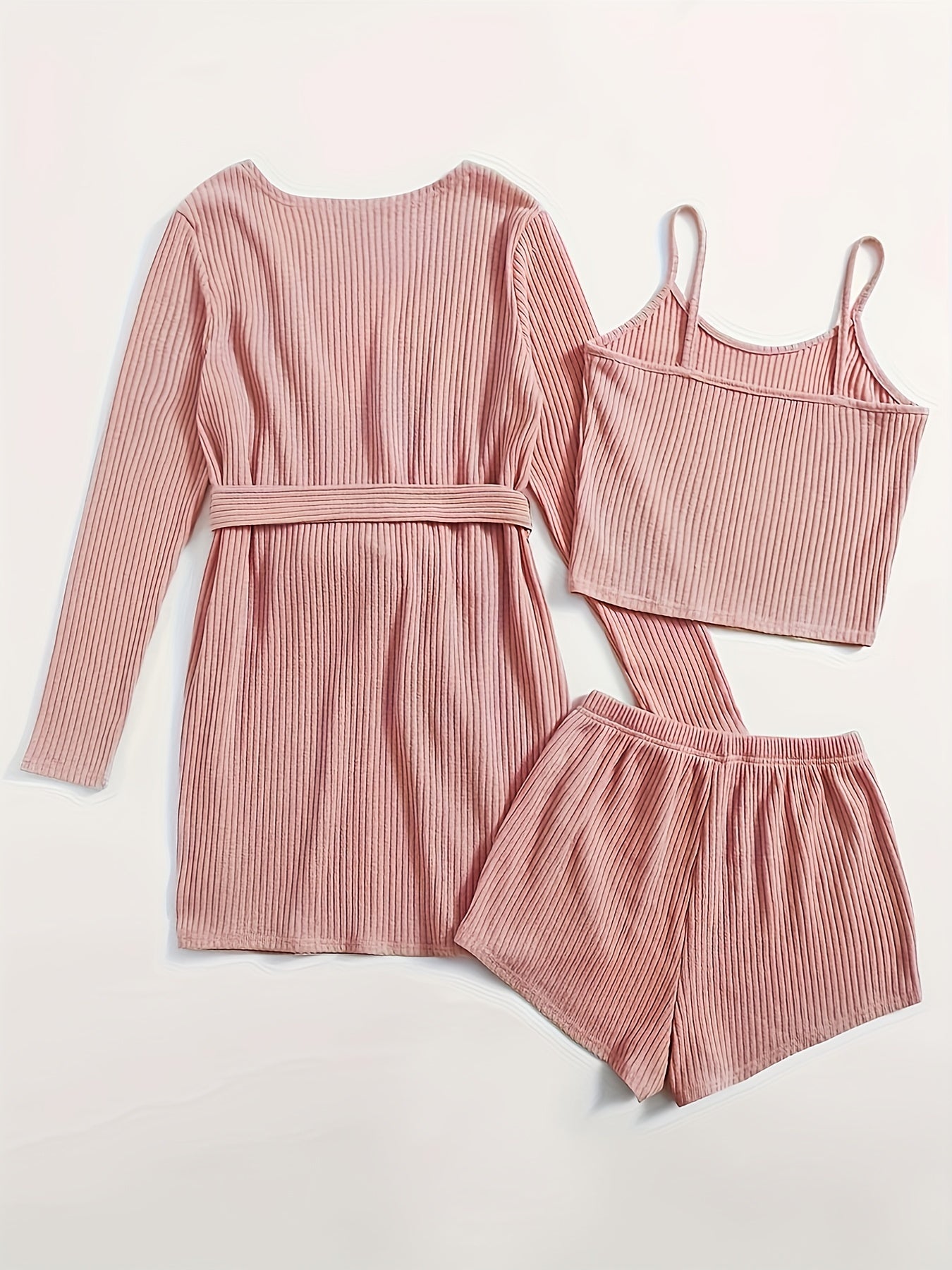 Ribbed Knit Lounge Set: Cami Top, Shorts & Bathrobe Pajama