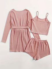 Ribbed Knit Lounge Set: Cami Top, Shorts & Bathrobe Pajama